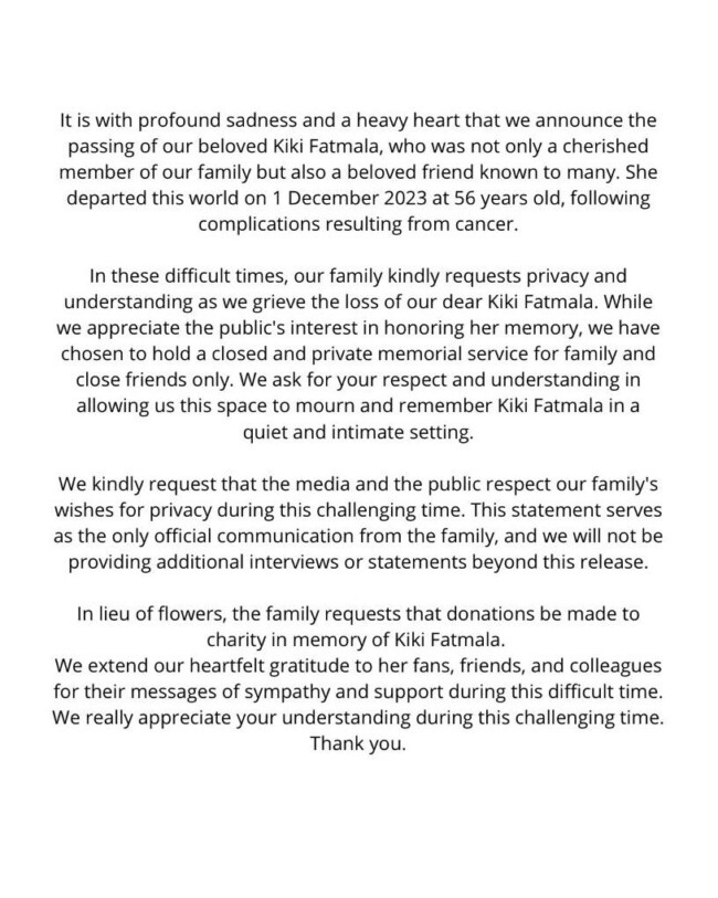 Aktris Senior Kiki Fatmala Meninggal Dunia