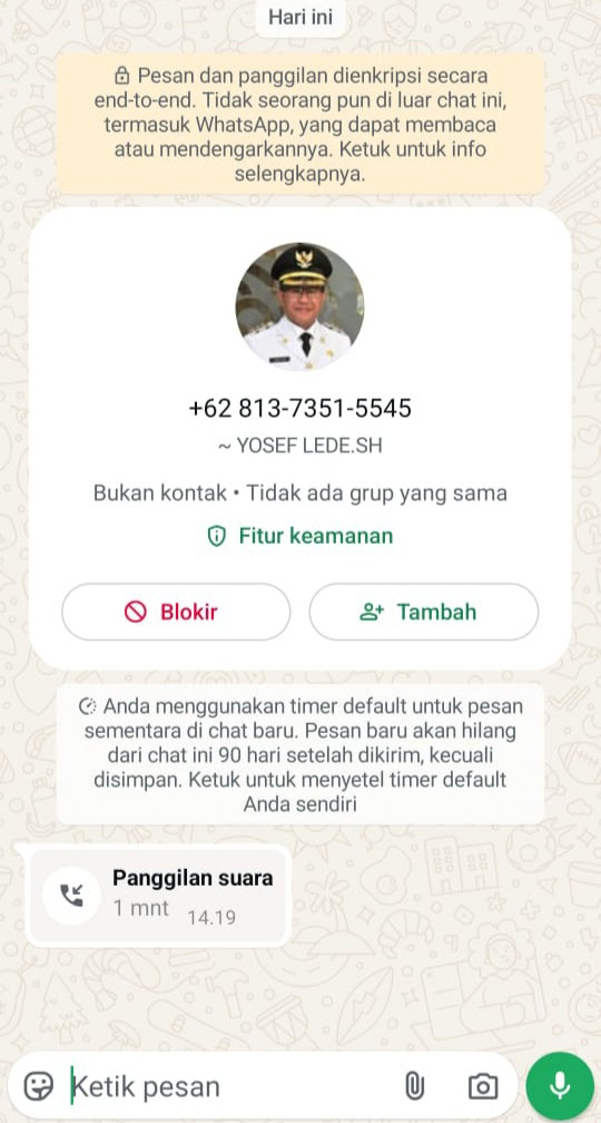 Foto: screenshot layar aksi penipuan menggunakan foto dan nama Bupati Kupang. 