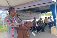 Foto: Bupati Kupang, Yosef Lede, S.H., saat beri sambutan dalam acara peletakan batu pertama pembangunan Gapura Civic Center. 