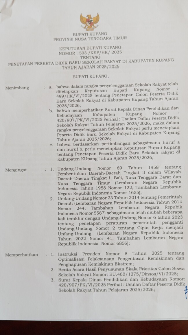 Sekolah Rakyat Bergulir di Kabupaten Kupang, 100 Anak Peserta Didik Baru Telah Ditetapkan