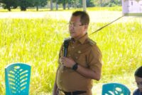 Foto: Bupati Kupang, Yosef Lede, SH., saat memberikan sambutan dalam kegiatan panen raya padi di Desa Tunfeu.