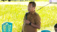 Foto: Bupati Kupang, Yosef Lede, SH., saat memberikan sambutan dalam kegiatan panen raya padi di Desa Tunfeu.