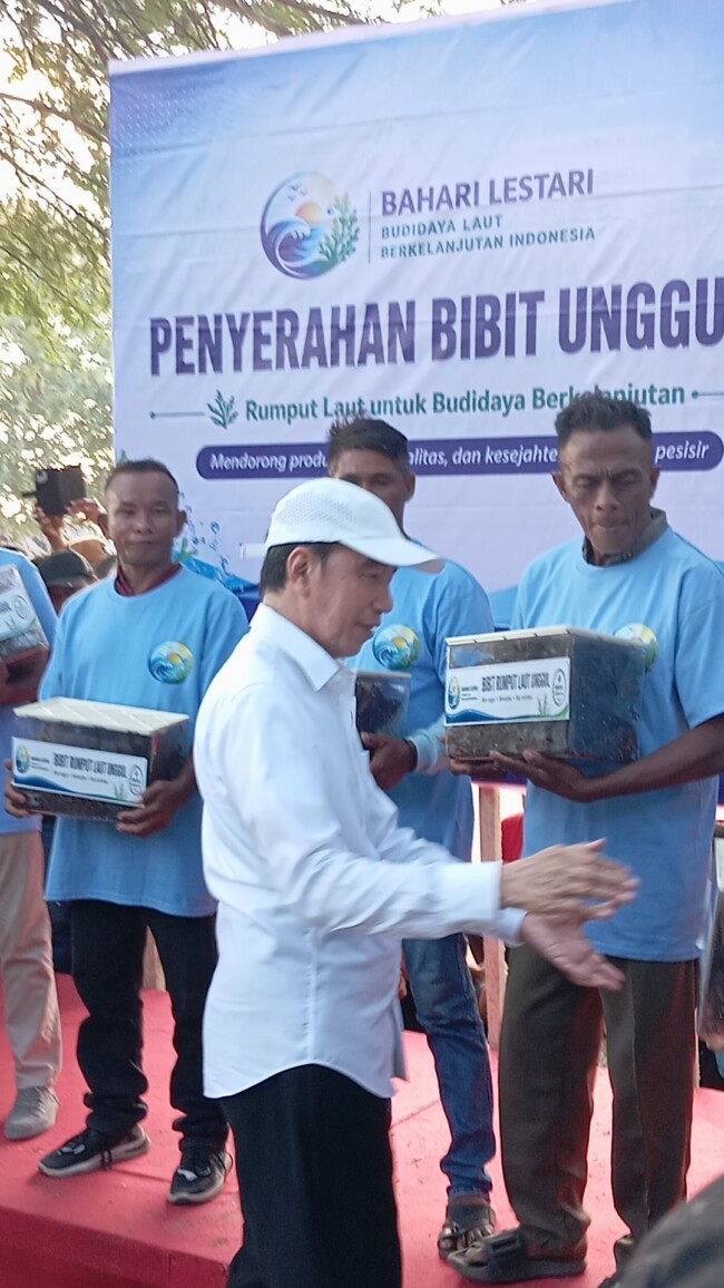 Foto: Jokowi menyerahkan bantuan bibit rumput laut secara simbolis kepada perwakilan petani rumput laut.